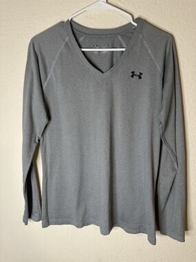 EUC Women’s Under Armour Long Sleeve Heatgear Gray Polyester Semi Fitted Shirt L